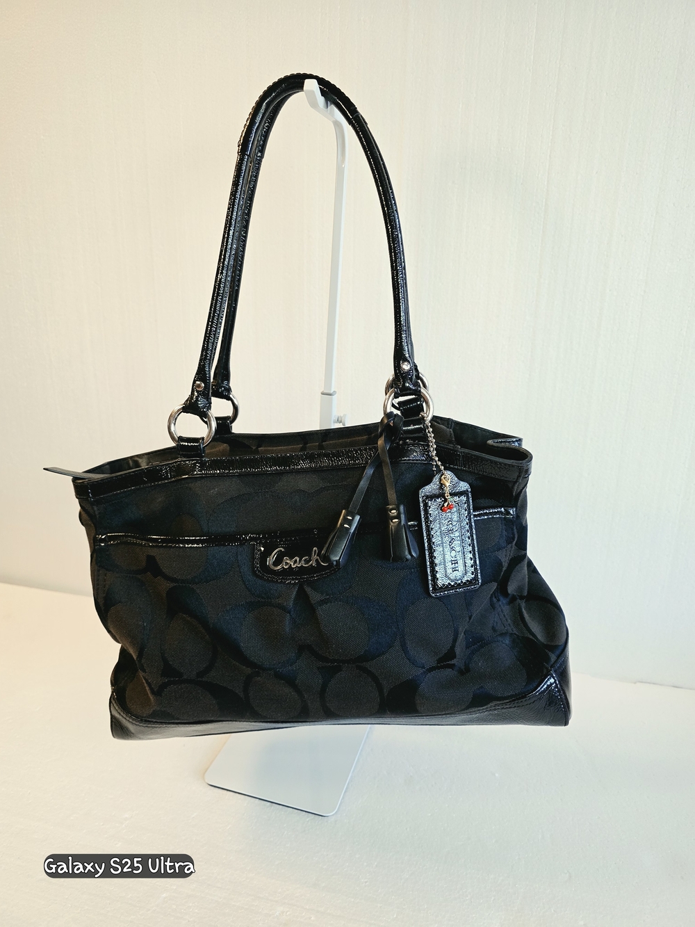 Coach Park Signature Carryall Tote Bag Black Monogram F19725 Cherry Charm